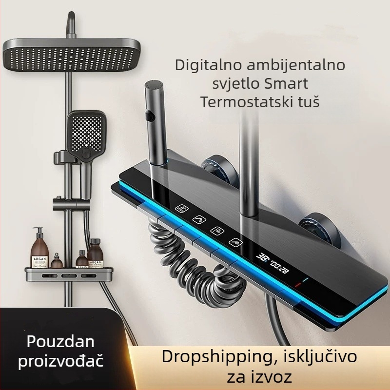 Set tuša s digitalnim zaslonom, topla/hladna voda, bakrena prevleka, zidna montaža, kvadratna kišna glava, pojačan tlak