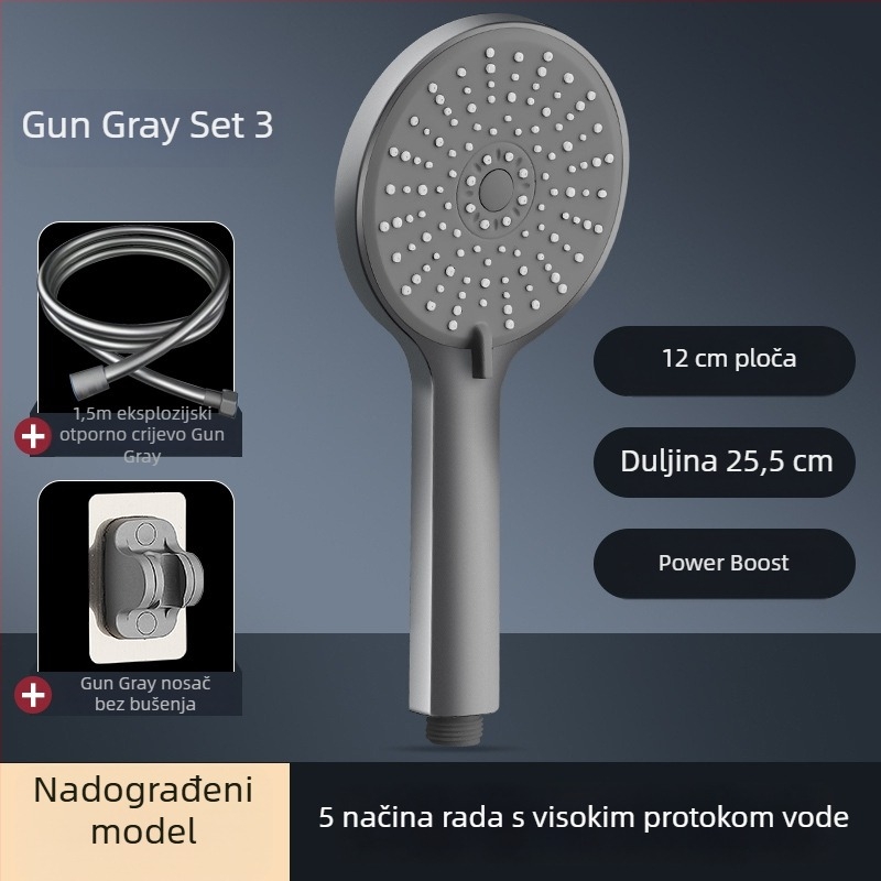 Tuš set s povećanim tlakom i pet načina raspršivanja, unaprijeđeni ABS, luksuzna kružna glava tuša za kupaonicu