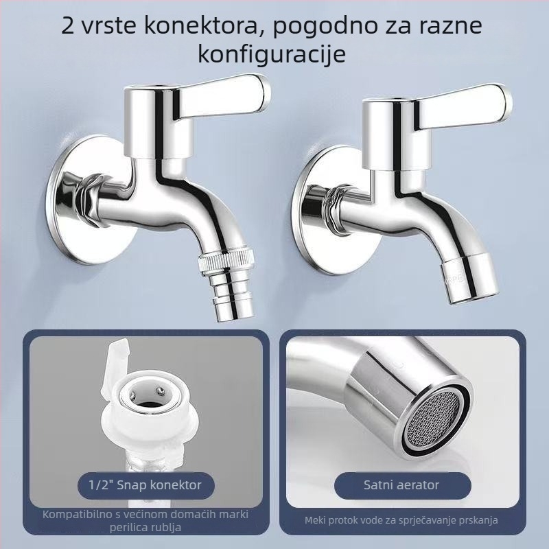 Zidna slavina za perilicu rublja, produžena, čvrsta, od nehrđajućeg čelika, brzo otvaranje, s jednim ulazom i dva izlaza