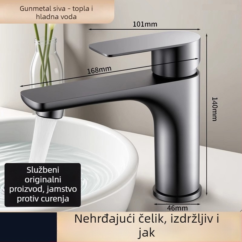 Gunmetal siva slavina za umivaonik s jednim otvorom za toplu i hladnu vodu – kupaonica, nehrđajući čelik