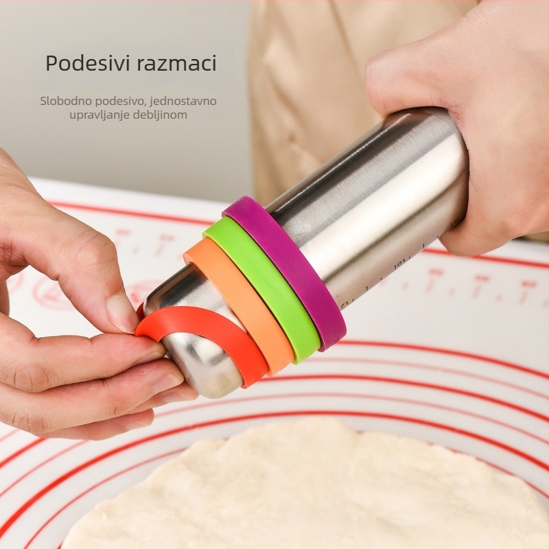Valjak za tijesto od bukovog drveta s ugrađenom mjerom i silikonskim prstenima; debljina podesiva