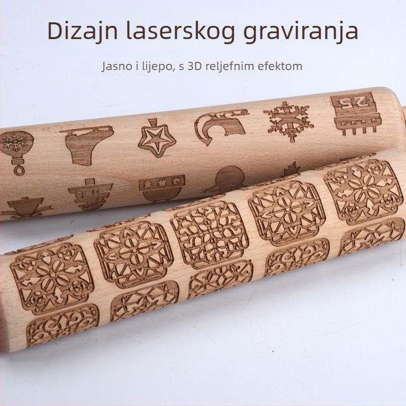 Bukov valjak za tijesto s laserskim graviranjem i reljefnim kalupom za kekse