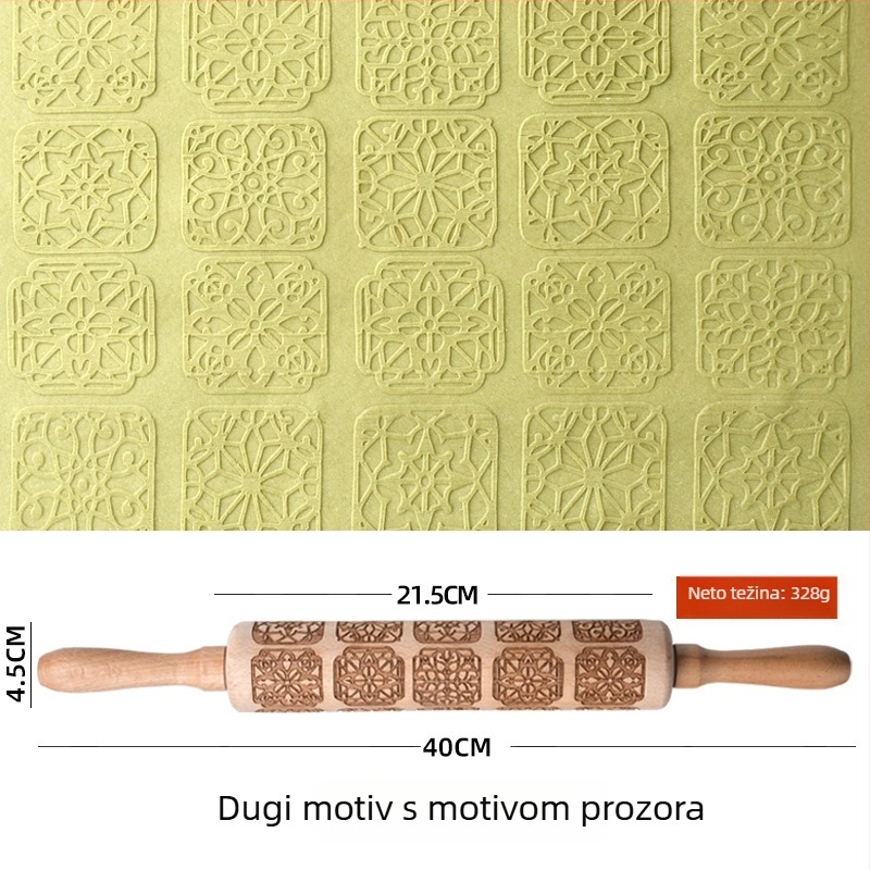 Bukov valjak za tijesto s laserskim graviranjem i reljefnim kalupom za kekse