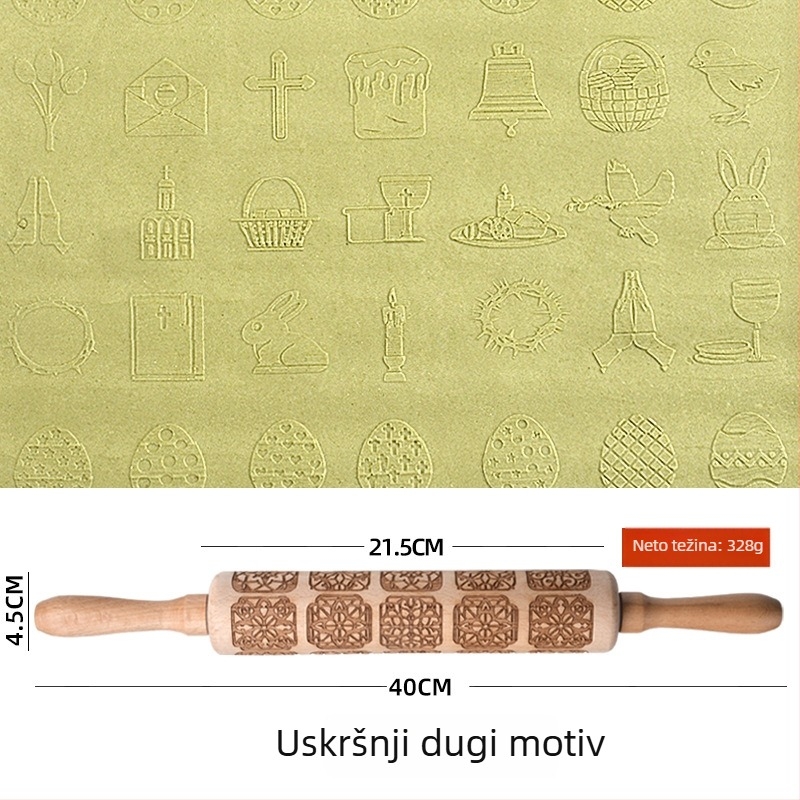 Bukov valjak za tijesto s laserskim graviranjem i reljefnim kalupom za kekse