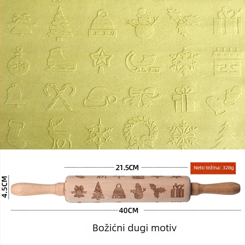 Bukov valjak za tijesto s laserskim graviranjem i reljefnim kalupom za kekse