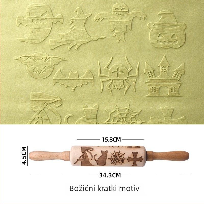 Bukov valjak za tijesto s laserskim graviranjem i reljefnim kalupom za kekse