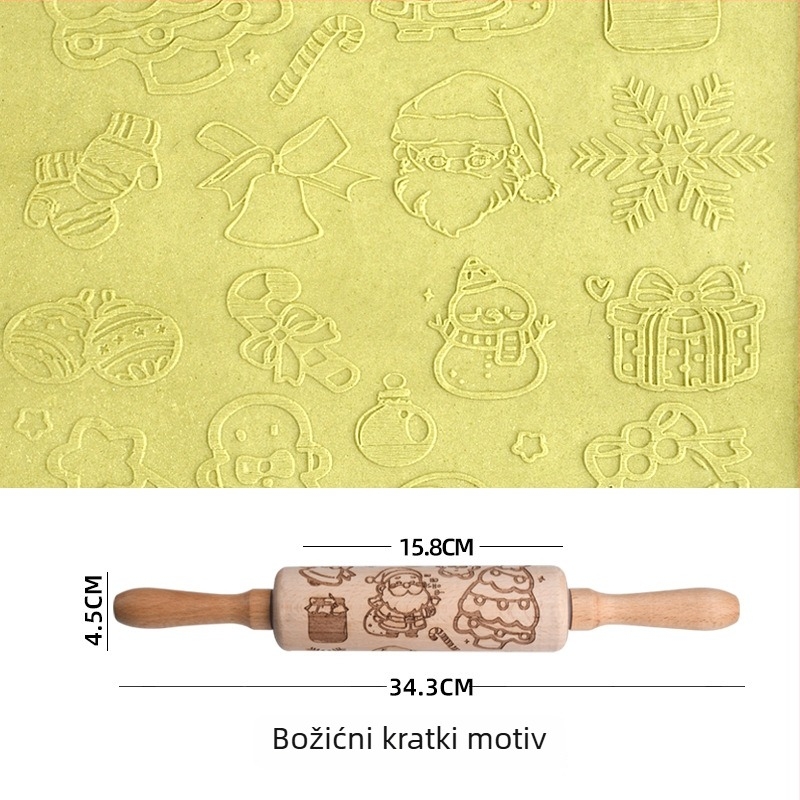 Bukov valjak za tijesto s laserskim graviranjem i reljefnim kalupom za kekse