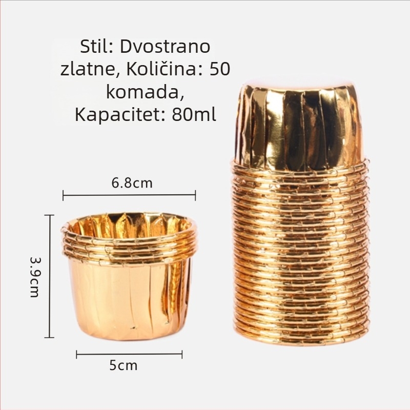 Zlatne i srebrne košarice za muffine s rolanim rubovima, otporne na visoke temperature, papirnate čašice s premazom za pečenje, pakiranje 50 kom