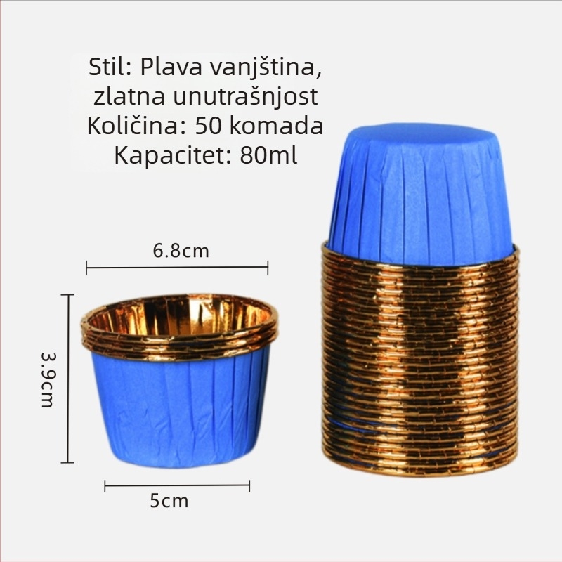 Zlatne i srebrne košarice za muffine s rolanim rubovima, otporne na visoke temperature, papirnate čašice s premazom za pečenje, pakiranje 50 kom
