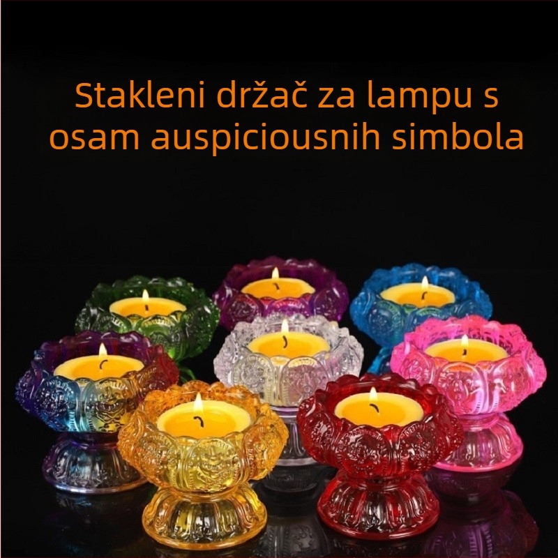Šareni držač maslene lampe s lotosom – stakleni stalak za kućni oltar, s osam blaženih nogu