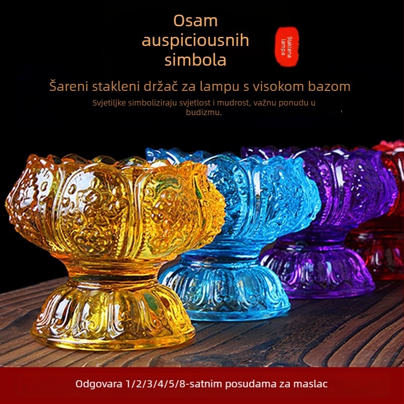 Šareni držač maslene lampe s lotosom – stakleni stalak za kućni oltar, s osam blaženih nogu