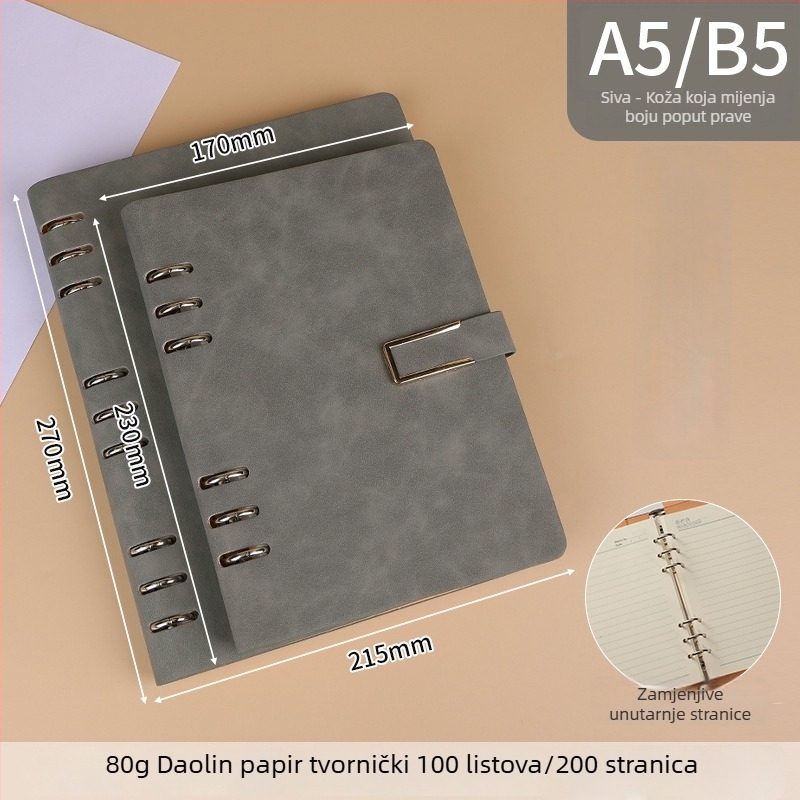 A5/B5 prilagodljiva bilježnica s metalnim magnetskim zatvaračem, odvojiva, zamjenski listovi s 6 ili 9 rupa, minimalistički stil