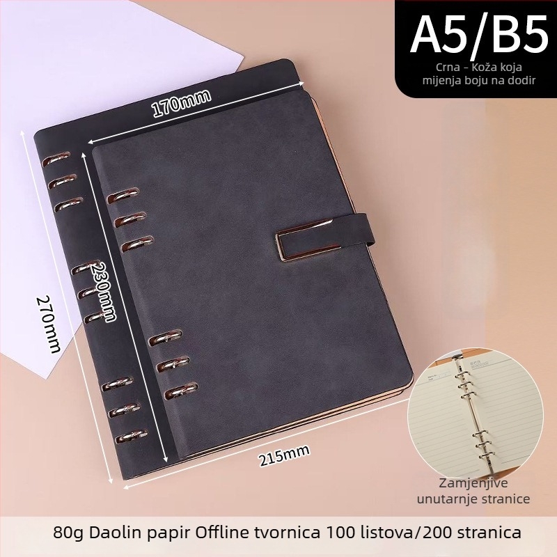 A5/B5 prilagodljiva bilježnica s metalnim magnetskim zatvaračem, odvojiva, zamjenski listovi s 6 ili 9 rupa, minimalistički stil