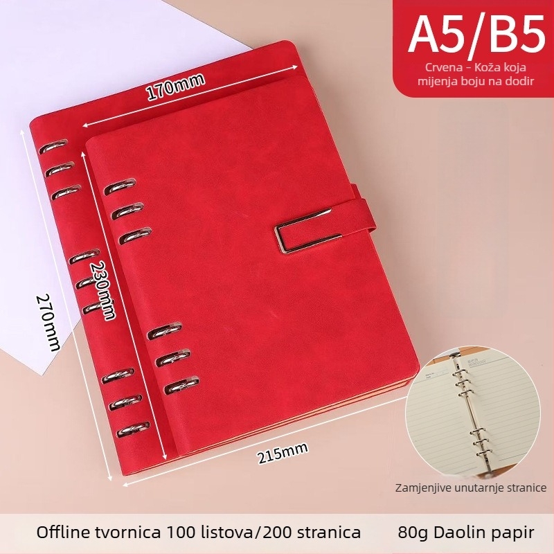 A5/B5 prilagodljiva bilježnica s metalnim magnetskim zatvaračem, odvojiva, zamjenski listovi s 6 ili 9 rupa, minimalistički stil