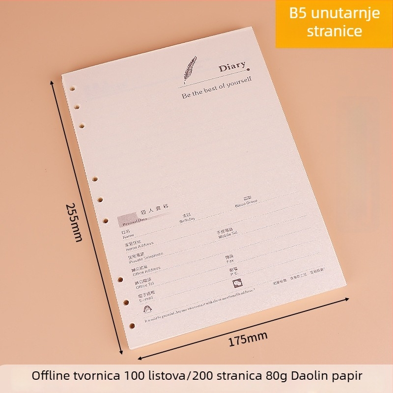 A5/B5 prilagodljiva bilježnica s metalnim magnetskim zatvaračem, odvojiva, zamjenski listovi s 6 ili 9 rupa, minimalistički stil