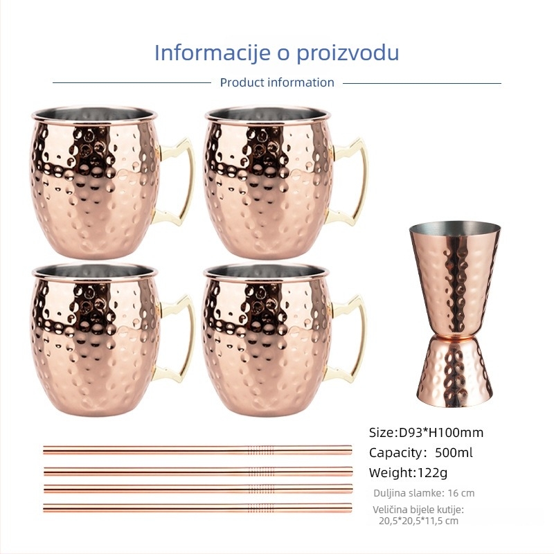 Čaša Moscow Mule s bakrovim premazom, nehrđajući čelik, koktel čaša 400–500 ml