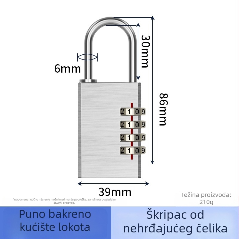 Katanac s kodom od čvrstog bakra za prtljagu, ormariće u domu i teretani, mali vodootporni mehanički katanac