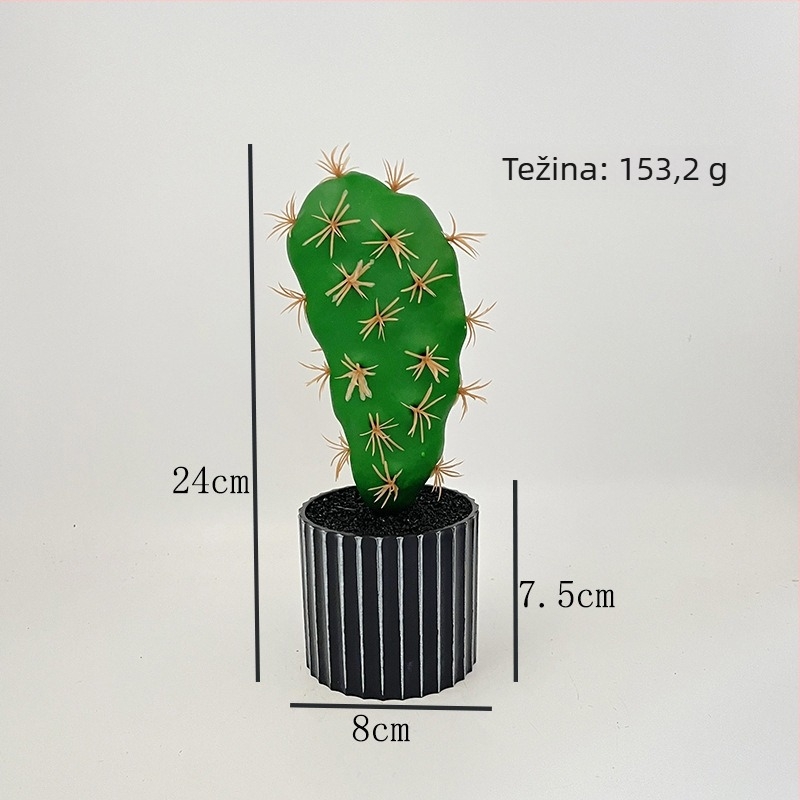 Umjetni kaktus u crnoj posudi u obliku bure — stolna dekoracija za ured, mali sukulentni bonsai.
