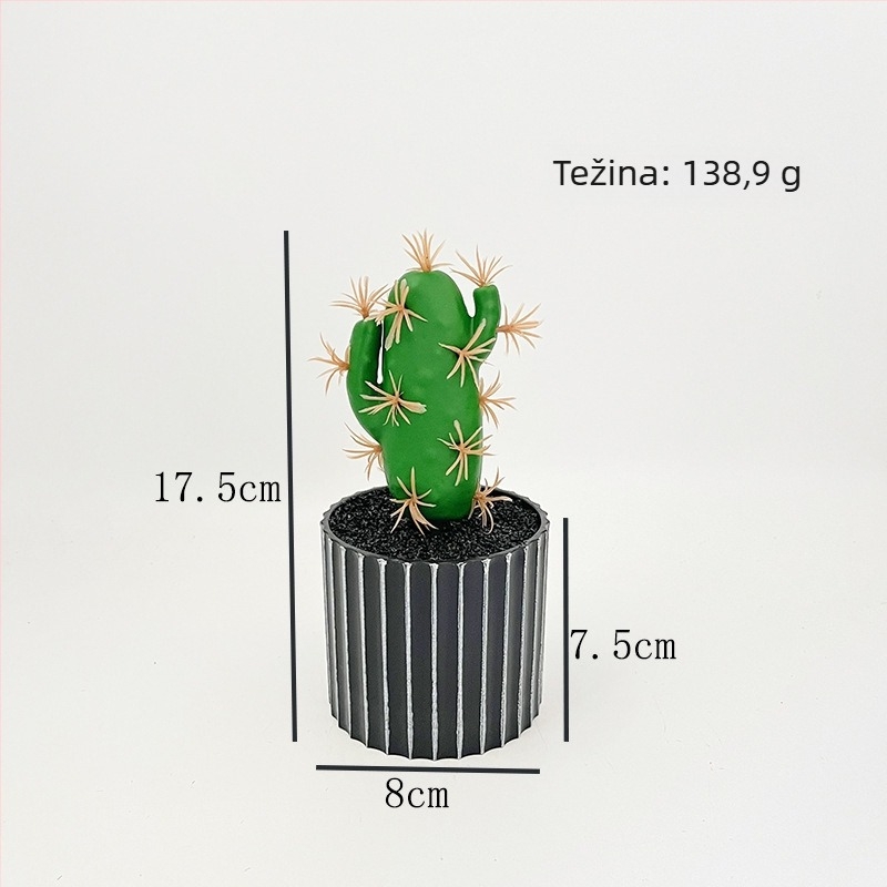 Umjetni kaktus u crnoj posudi u obliku bure — stolna dekoracija za ured, mali sukulentni bonsai.
