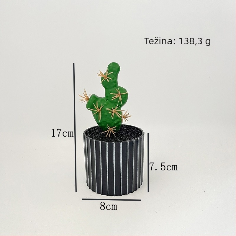 Umjetni kaktus u crnoj posudi u obliku bure — stolna dekoracija za ured, mali sukulentni bonsai.