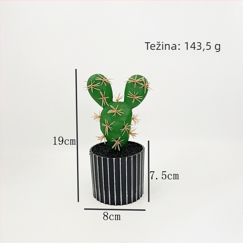 Umjetni kaktus u crnoj posudi u obliku bure — stolna dekoracija za ured, mali sukulentni bonsai.