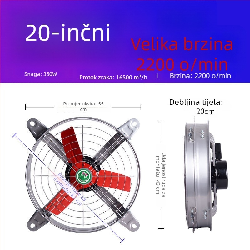 Industrijski ispušni ventilator visokog kapaciteta, tih, za kuhinjsku ventilaciju visokog protoka