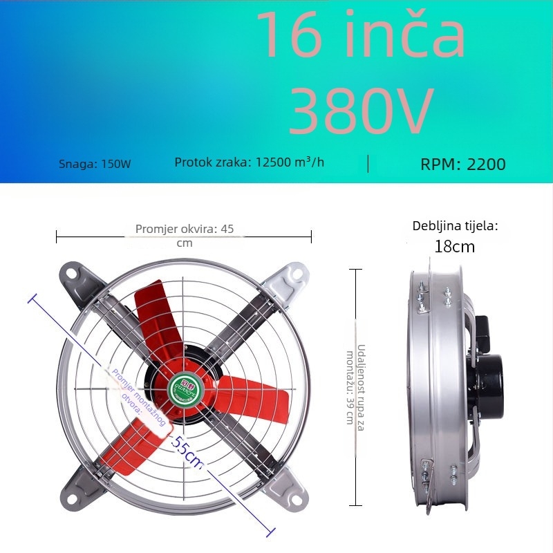 Industrijski ispušni ventilator visokog kapaciteta, tih, za kuhinjsku ventilaciju visokog protoka
