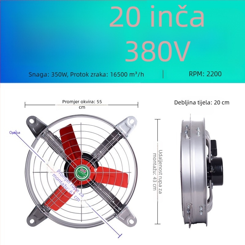 Industrijski ispušni ventilator visokog kapaciteta, tih, za kuhinjsku ventilaciju visokog protoka