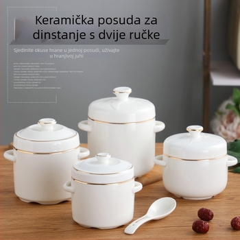 Keramična posuda za vodnu kupelj s zlatnim rubom, dvostrukim poklopcem i dvostrukim ručkama, zdjela za bird's nest i parjena jaja, za kućnu upotrebu