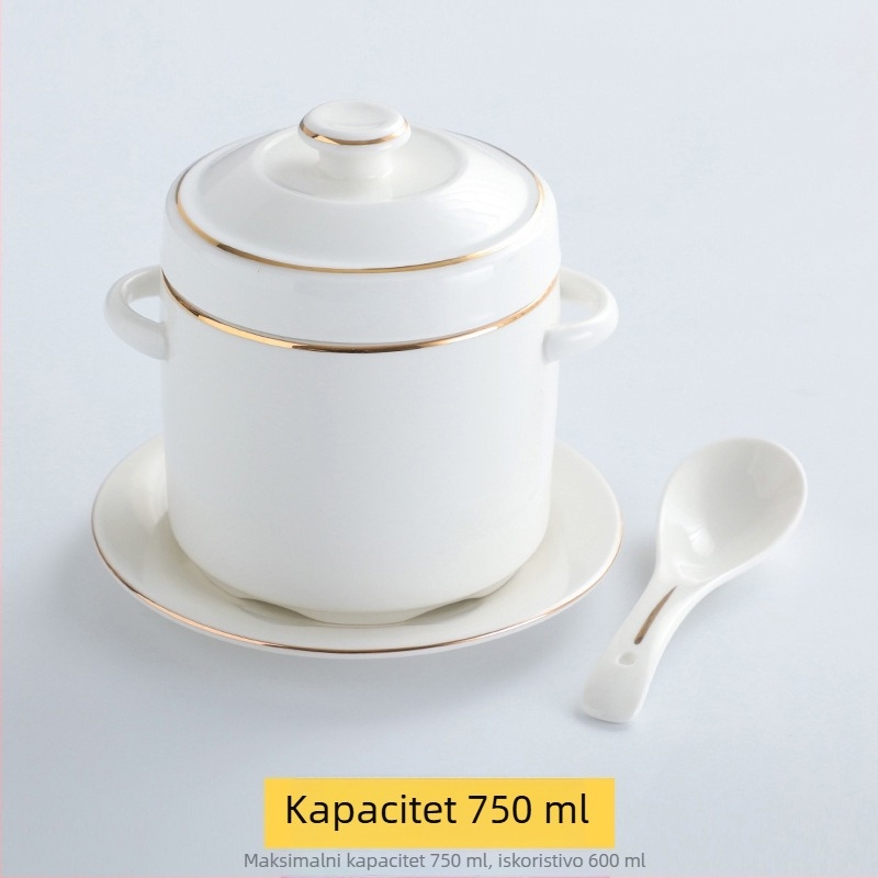 Keramična posuda za vodnu kupelj s zlatnim rubom, dvostrukim poklopcem i dvostrukim ručkama, zdjela za bird's nest i parjena jaja, za kućnu upotrebu