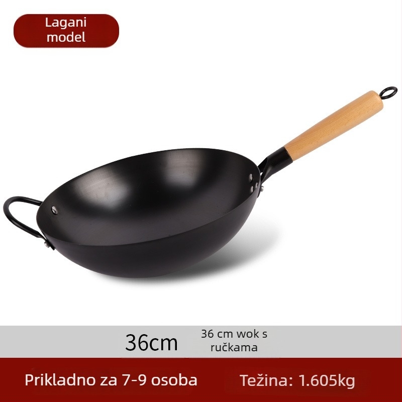 Tradicionalni željezni wok, bez premaza, od nehrđajućeg čelika, pogodan za plinsku ploču, promjer 30–36 cm
