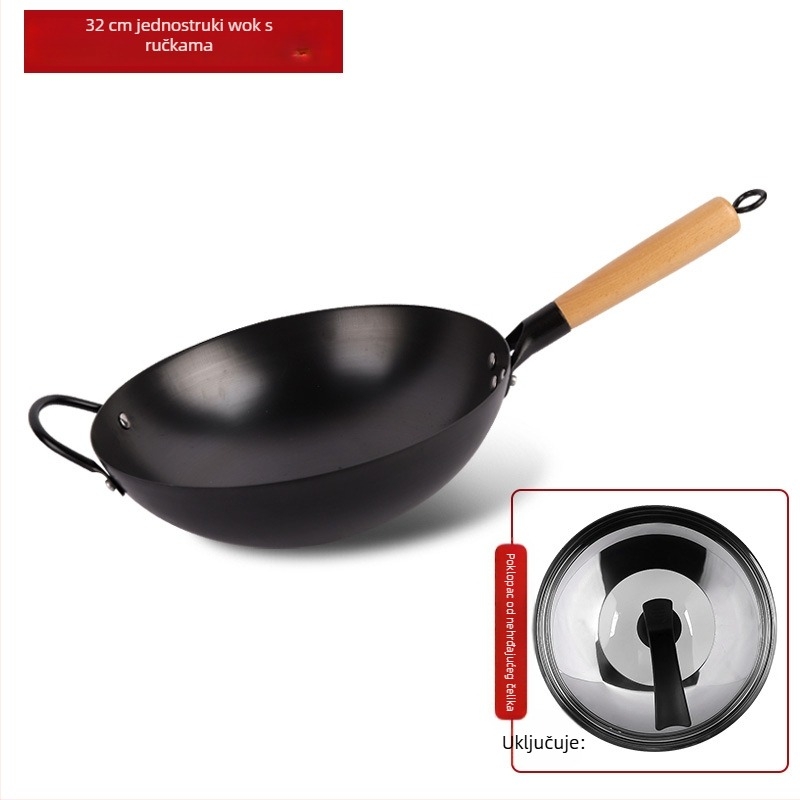 Tradicionalni željezni wok, bez premaza, od nehrđajućeg čelika, pogodan za plinsku ploču, promjer 30–36 cm