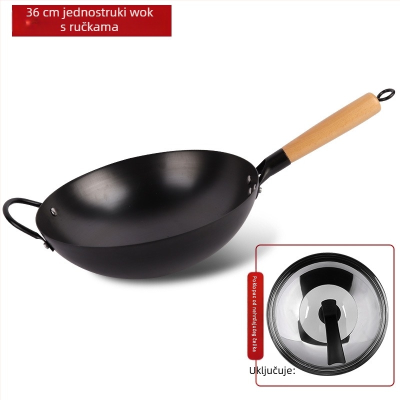 Tradicionalni željezni wok, bez premaza, od nehrđajućeg čelika, pogodan za plinsku ploču, promjer 30–36 cm