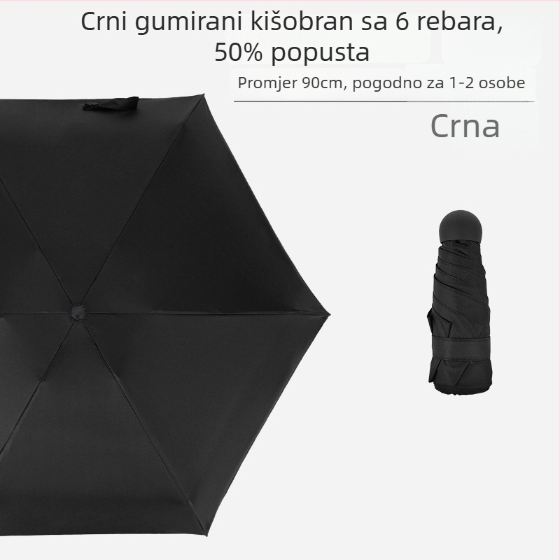 Mini kišobran sa šest rebara, džepni, UV zaštita s crnim premazom, unisex, poslovni poklon – reklamni kišobran