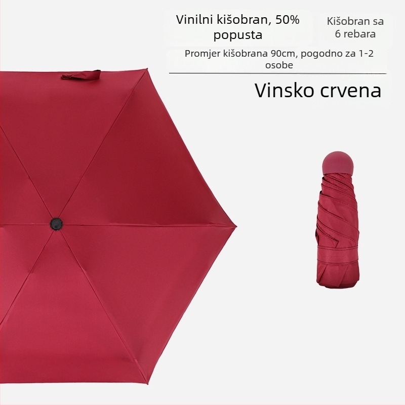 Mini kišobran sa šest rebara, džepni, UV zaštita s crnim premazom, unisex, poslovni poklon – reklamni kišobran