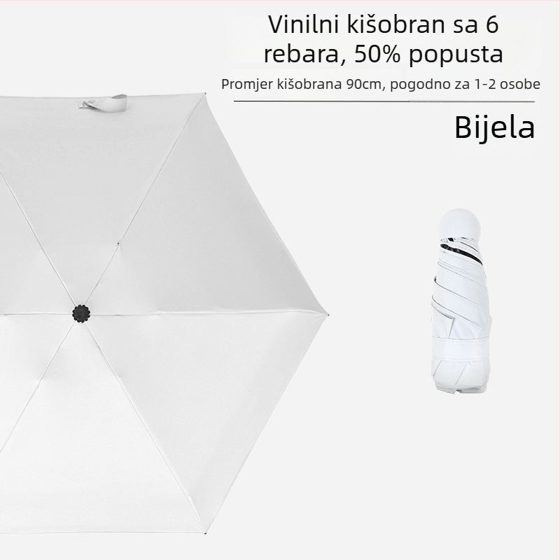 Mini kišobran sa šest rebara, džepni, UV zaštita s crnim premazom, unisex, poslovni poklon – reklamni kišobran