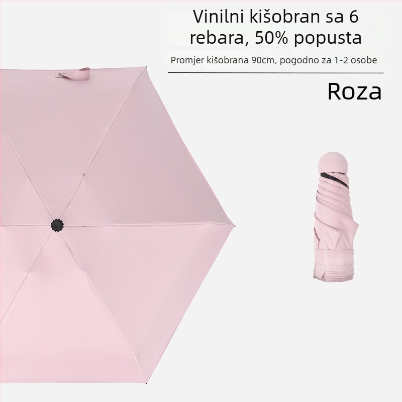 Mini kišobran sa šest rebara, džepni, UV zaštita s crnim premazom, unisex, poslovni poklon – reklamni kišobran