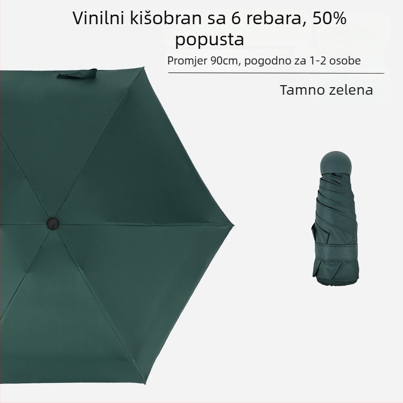 Mini kišobran sa šest rebara, džepni, UV zaštita s crnim premazom, unisex, poslovni poklon – reklamni kišobran