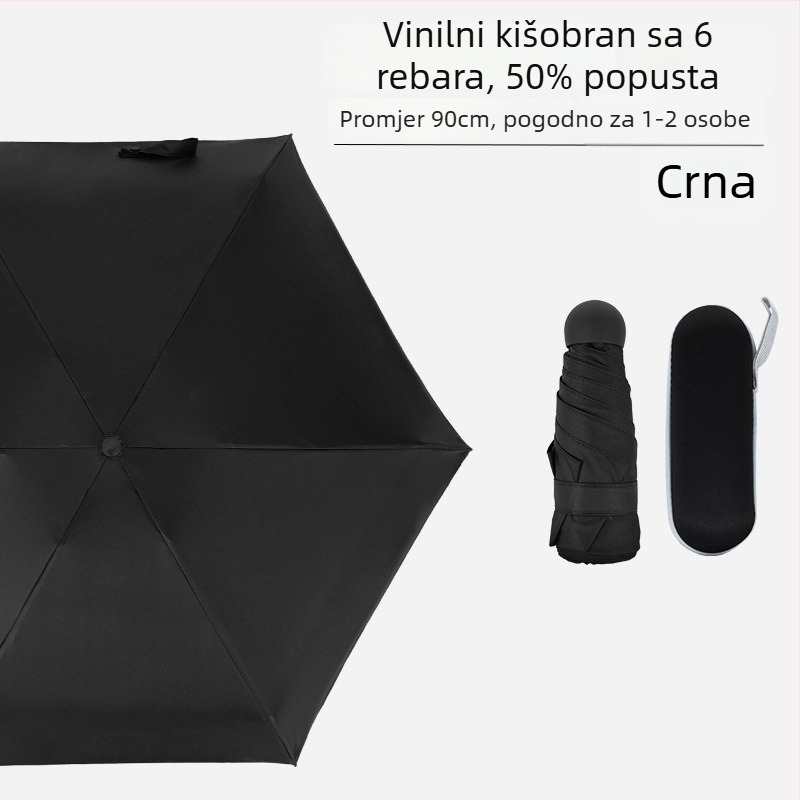 Mini kišobran sa šest rebara, džepni, UV zaštita s crnim premazom, unisex, poslovni poklon – reklamni kišobran