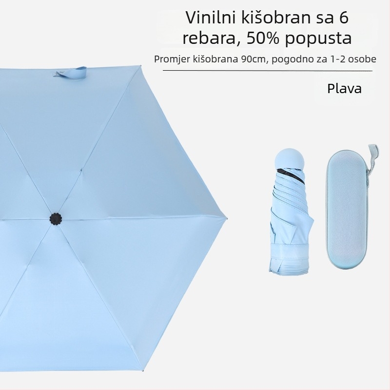Mini kišobran sa šest rebara, džepni, UV zaštita s crnim premazom, unisex, poslovni poklon – reklamni kišobran