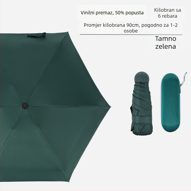 Mini kišobran sa šest rebara, džepni, UV zaštita s crnim premazom, unisex, poslovni poklon – reklamni kišobran