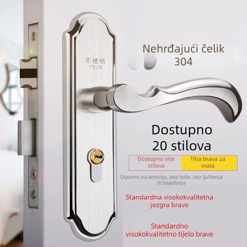 Brava za vrata od nehrđajućeg čelika 304, trodjelni set kvaka s bravom, unutarnja univerzalna kvaka, kvaka za drvena vrata