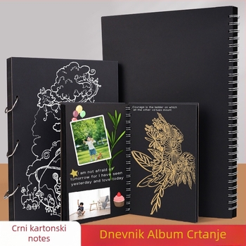 Otklopni foto-album s odvojivim listovima, A4 crne stranice, 16K ručno oslikane crne unutarnje stranice, DIY prstenasti povez, A5 foto-album za uspomene.