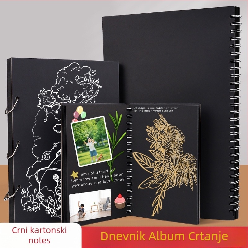 Otklopni foto-album s odvojivim listovima, A4 crne stranice, 16K ručno oslikane crne unutarnje stranice, DIY prstenasti povez, A5 foto-album za uspomene.