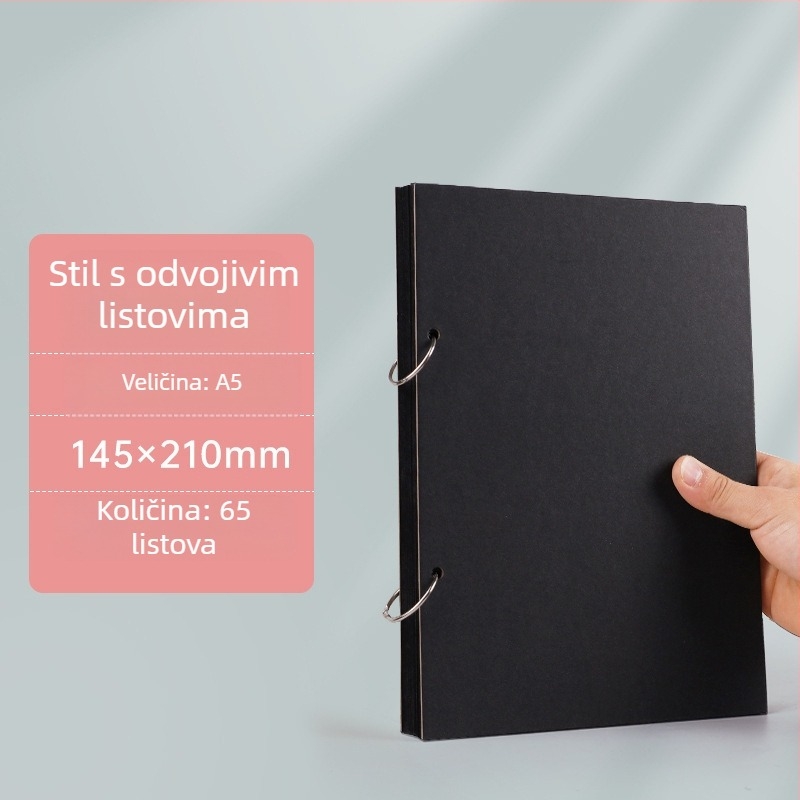 Otklopni foto-album s odvojivim listovima, A4 crne stranice, 16K ručno oslikane crne unutarnje stranice, DIY prstenasti povez, A5 foto-album za uspomene.