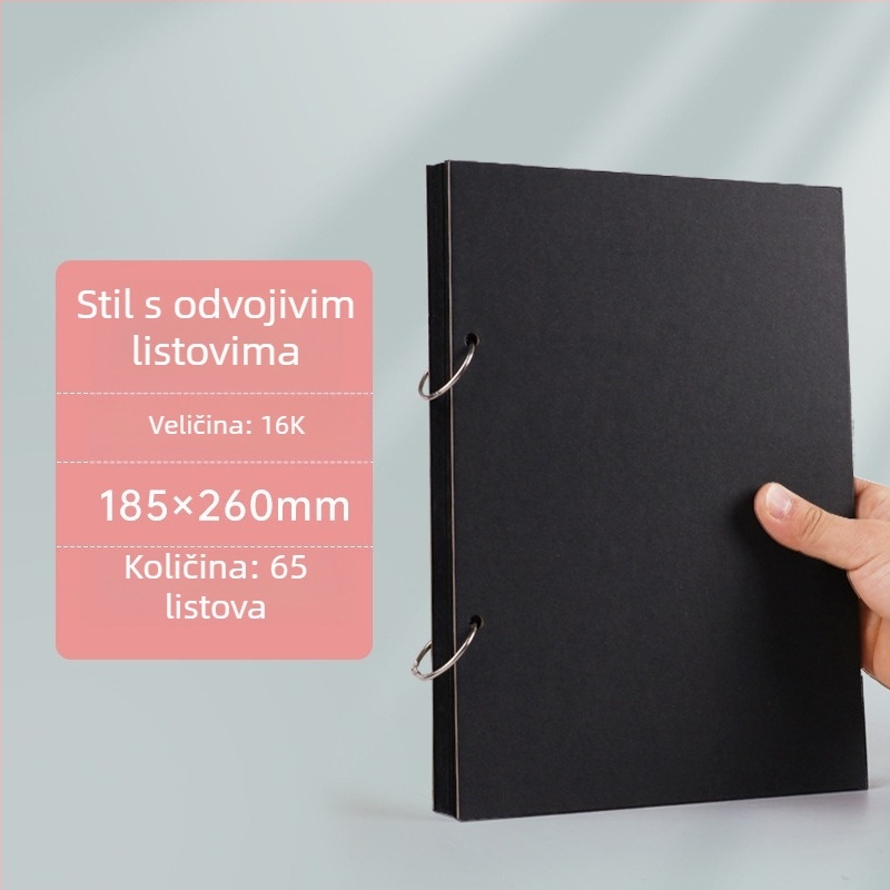 Otklopni foto-album s odvojivim listovima, A4 crne stranice, 16K ručno oslikane crne unutarnje stranice, DIY prstenasti povez, A5 foto-album za uspomene.