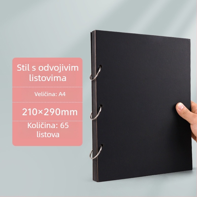 Otklopni foto-album s odvojivim listovima, A4 crne stranice, 16K ručno oslikane crne unutarnje stranice, DIY prstenasti povez, A5 foto-album za uspomene.