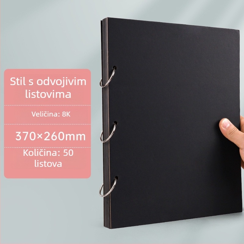 Otklopni foto-album s odvojivim listovima, A4 crne stranice, 16K ručno oslikane crne unutarnje stranice, DIY prstenasti povez, A5 foto-album za uspomene.