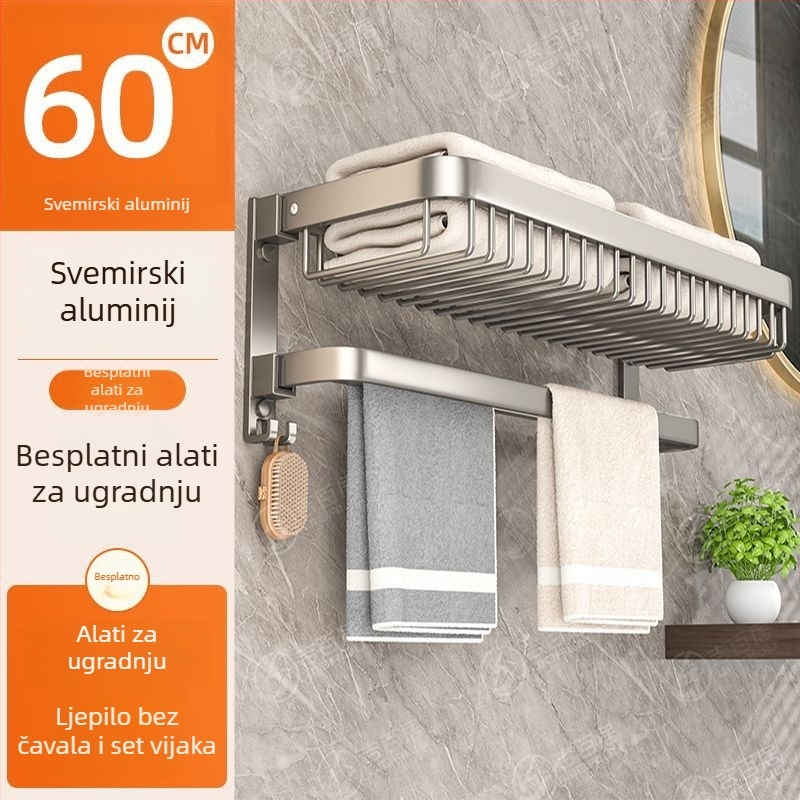 Aluminijski zidni organizator za kupaonicu za ručnike, sklopivi, bez bušenja, dvije razine