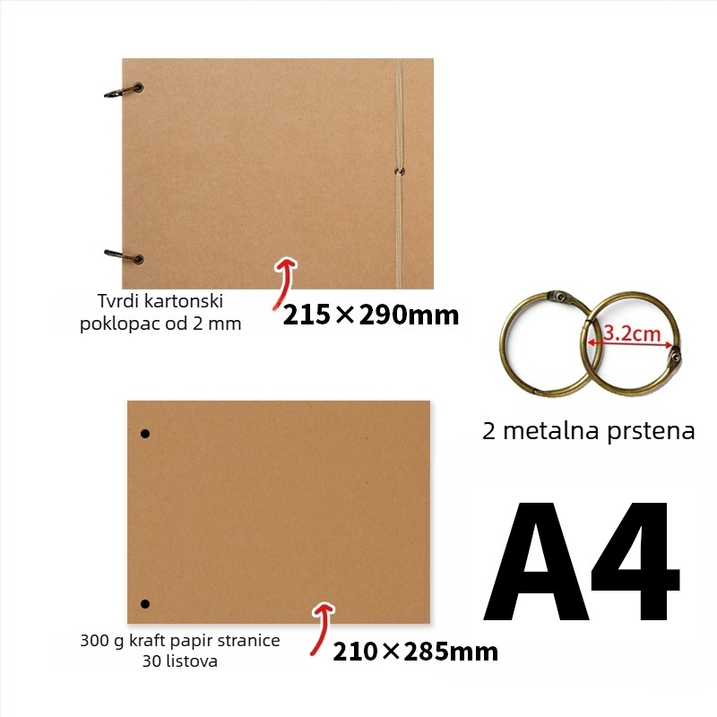 Jednostavan retro ručno izrađeni DIY foto-album, debeli kraft papir, stranice za scrapbooking, album sjećanja A3